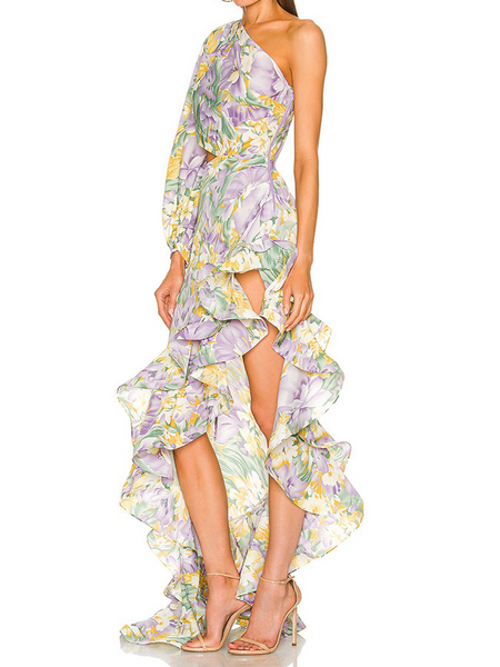 One Shoulder Floral Print Ruffle Hem Dress