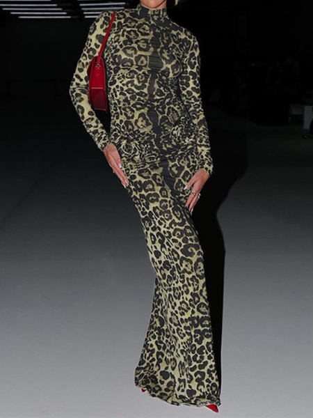 High-neck Long-sleeved Leopard-print Slimming Dress