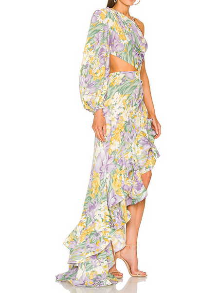 One Shoulder Floral Print Ruffle Hem Dress